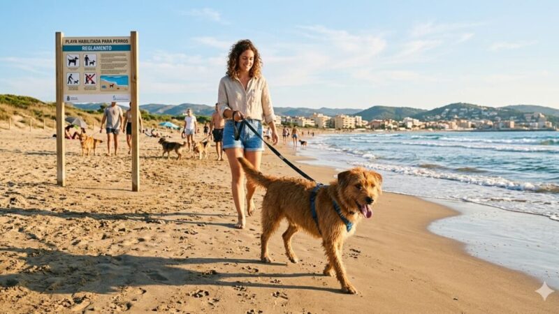 Perro adoptado en España paseando de forma responsable según la nueva normativa.
