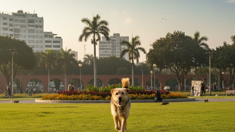Perro adoptado en un parque de Perú, guía de adopción responsable 2026.