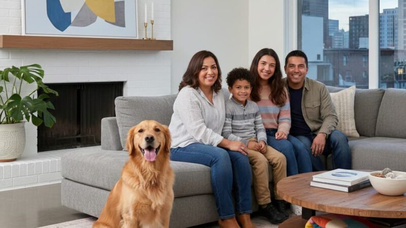 Familia latina feliz con su perro asegurado en Estados Unidos.